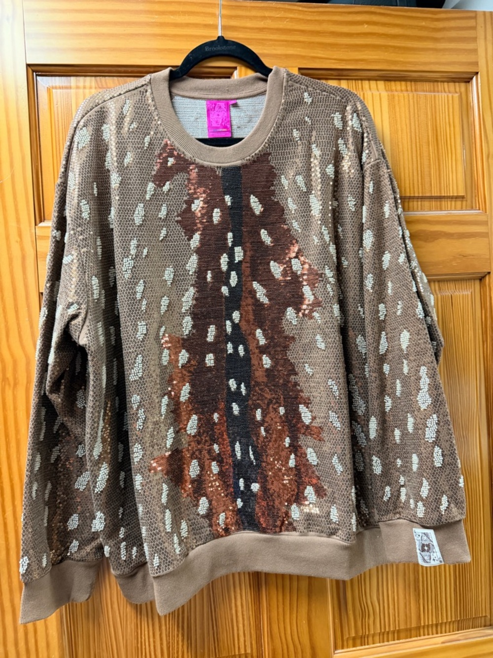 QUEEN OF SPARKLES Brown Sequined Pattern Crewneck Sweater
